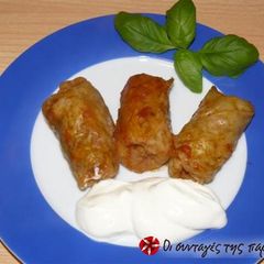 A picture of Lahanodolmades in tomato sauce.
