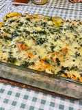 Gratin d’épinards au jambon, pignons de pin et floraline