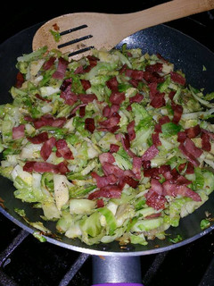 A picture of Brussels Sprouts with Crispy Bacon and Shallots.