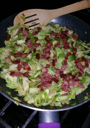 A picture of Brussels Sprouts with Crispy Bacon and Shallots.