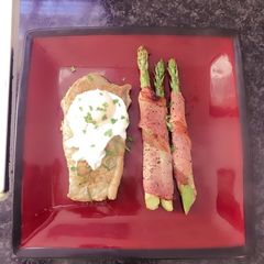A picture of Bacon Asparagus with Steak & Poached Egg.
