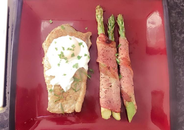 Bacon Asparagus with Steak & Poached Egg