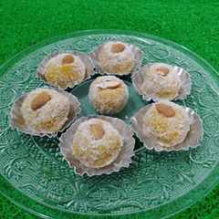 A picture of Kesar Mango Coconut Ladoo.