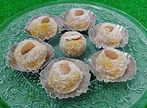 A picture of Kesar Mango Coconut Ladoo.