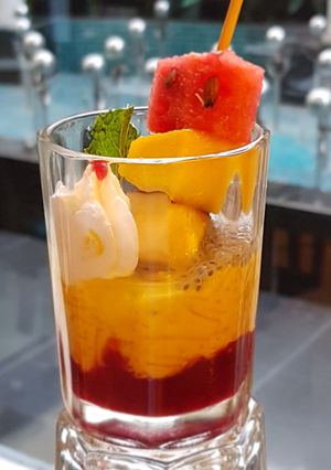 A picture of Falooda Mousse wuth Sabja & Fruits on Stick.