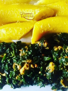A picture of Boiled plantain with stir fry chicken vegetable sauce.