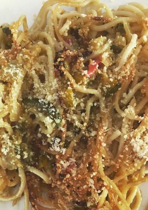 Una foto de Fideos gratinados