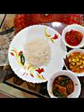 Rice,Narkel Cholar Dal,Dhokar Dalna and Mishty Tomato Chutney
