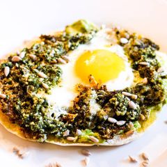 A picture of Basil pesto eggs.