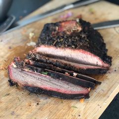 A picture of Coffee rub smoked brisket - 8hrs slow and low.