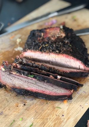 A picture of Coffee rub smoked brisket - 8hrs slow and low.