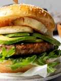 Chicken, Red Pepper & Feta Burger with Avo & Halloumi