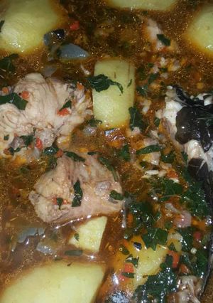 A picture of Yam and fresh fish peppersoup.