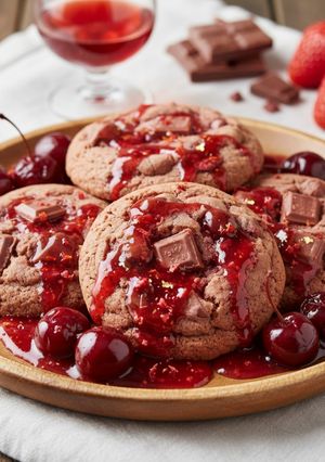 Una foto de Cookies de chocolate Ruby, cerezas confitadas y al aroma de licor de fresas