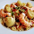 Arroz con alcachofas y langostinos