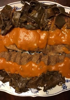A picture of California Farm Beef Tongue Flambee.