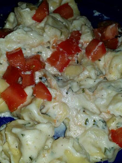 A picture of Tortellini with homemade alfredo garlic sauce.