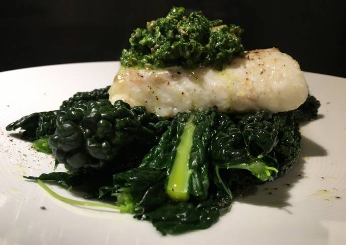Roasted cod with cavolo nero and salsa verde