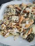 Bacalao al ajillo con tempura de verduras