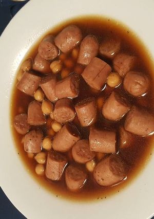 A picture of Breakfast sausage pork and chickpea soup.