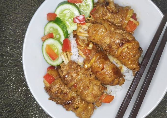 Cara Gampang Membuat Rice bowl enoki beef roll yang Enak Banget