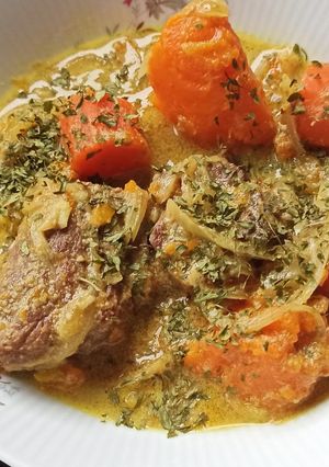 A picture of Beef with Carrots and Sweet Potatoes.