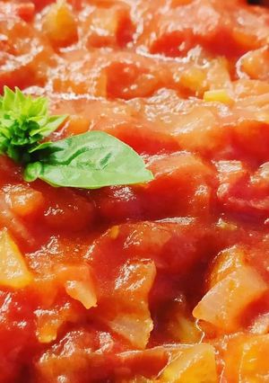 A picture of Rustic Bread Soup with Fresh Tomatoes and Basil.