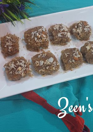 A picture of Fresh Coconut and Jaggery Burfi.