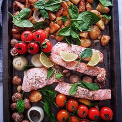 One pan baked salmon and veggies A picture of One pan baked salmon and veggies.