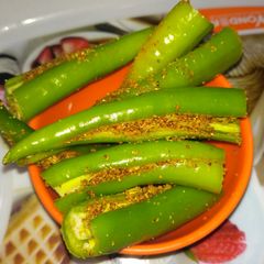 A picture of Green chilli bharva achar.