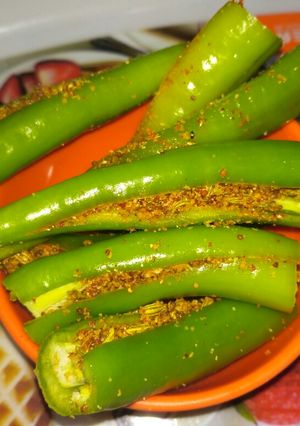 A picture of Green chilli bharva achar.