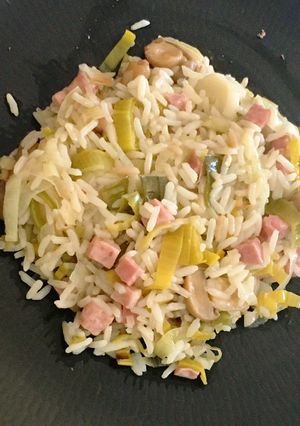 Une photo de Risotto de jambon aux poireaux et champignons de Paris (Cookéo)