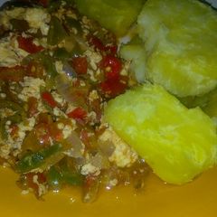 A picture of Boiled sweet potato and Egg Sauce.