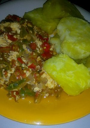 A picture of Boiled sweet potato and Egg Sauce.