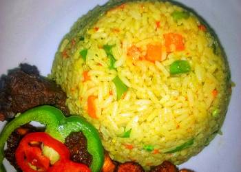How to Make Perfect Fried rice with peppered goat meat and dodo