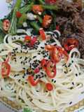 Spicy spaghetti and bbq pattie