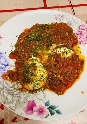 O poză a rețetei Shakshuka.