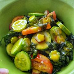 A picture of Seaweed Cucumber Tomato and Okra Salad with Mustard Dressing.