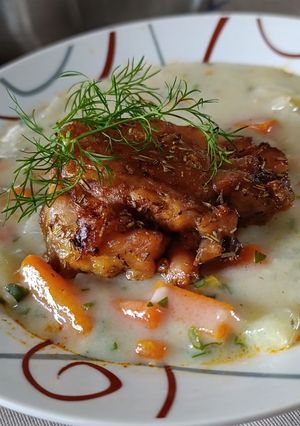 Gyors zöldség főzelék, kakukkfüves sült csirkével recept fotója
