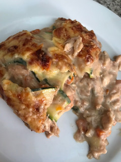 Una foto de “Canelones” de pollo con verduras. Sin pasta, con calabacín