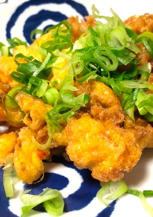 A picture of Deep Fried Egg with Crab sticks.