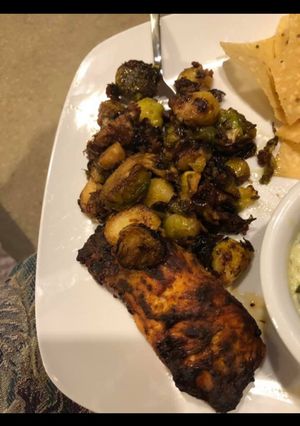 A picture of Salmon and Brussel Sprouts.