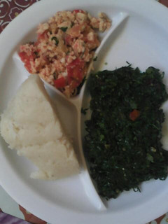 A picture of Ugali fried eggs and fried kales.