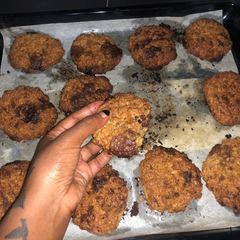 Oat chocolate chip cookies A picture of Oat chocolate chip cookies.