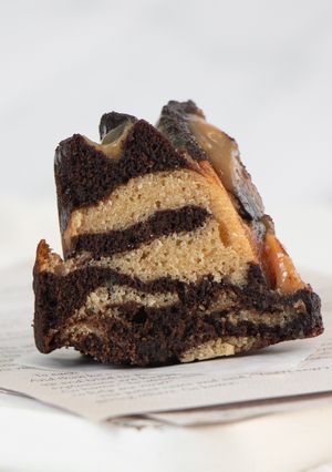 A picture of Peanut Butter Chocolate Cake with Peanut Butter Sauce.