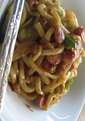 A picture of Our Yaki Udon with Tempura Bits.
