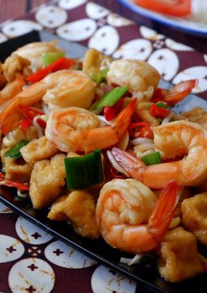 Foto resep Tumis toge, tahu goreng, dan udang