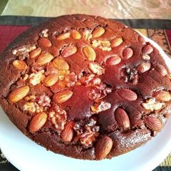 A picture of Eggless chocolate Walnut almond cake.
