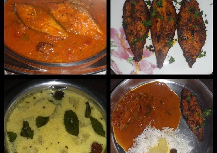 Recipe of Ultimate Fish thali. Rice with Fish curry fish fry and spiced buttermilk