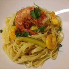 Linguine with zucchine, creamy saffron and prawns A picture of Linguine with zucchine, creamy saffron and prawns.
